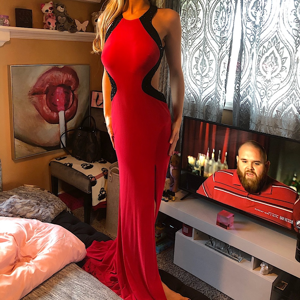 Gown Red & Black rhinestone evening formal dress